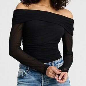 NWOT Black Express Ruched Mesh off the Shoulder Long Sleeve Bodysuit - Size M